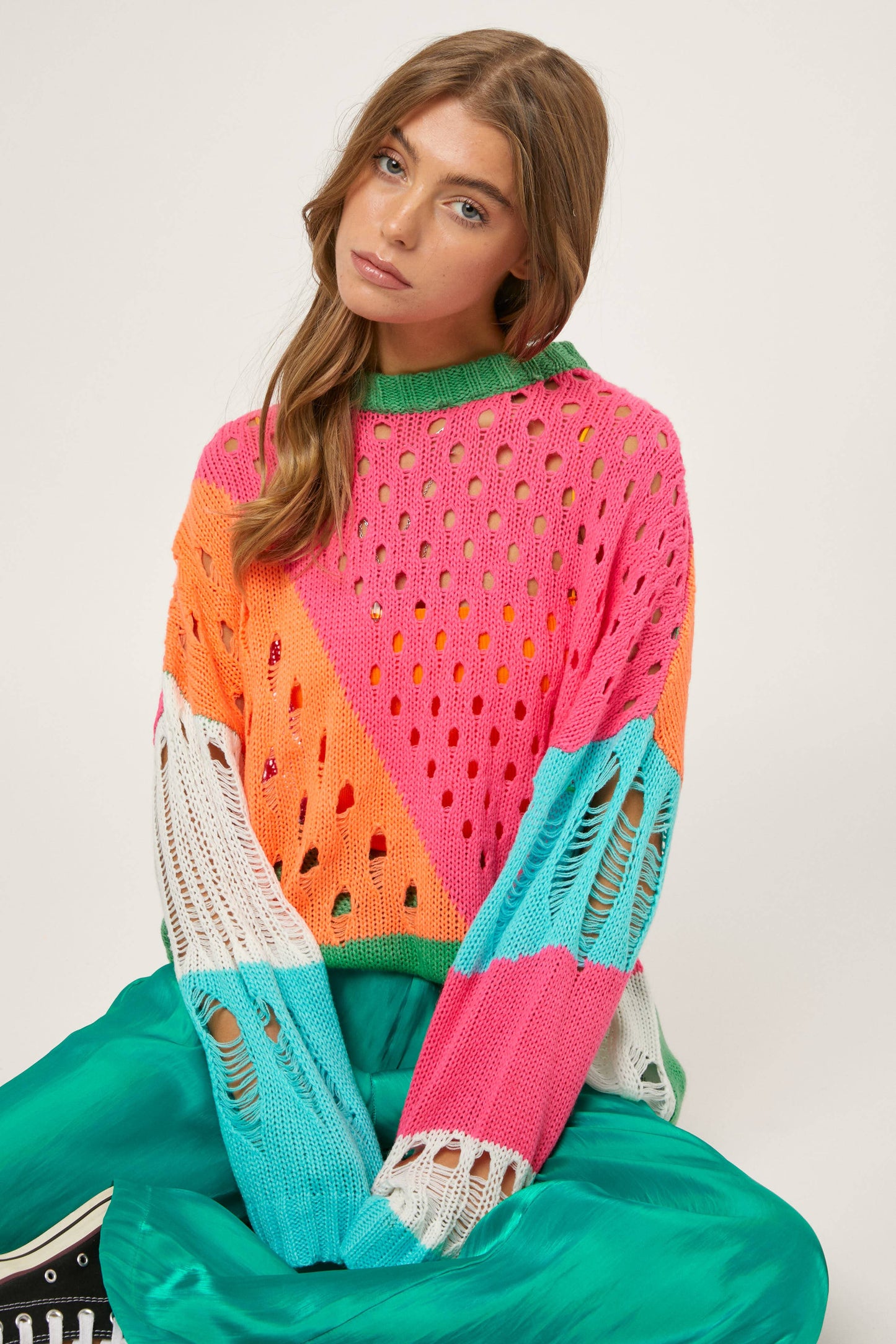 Color Block Open Knit Sweater