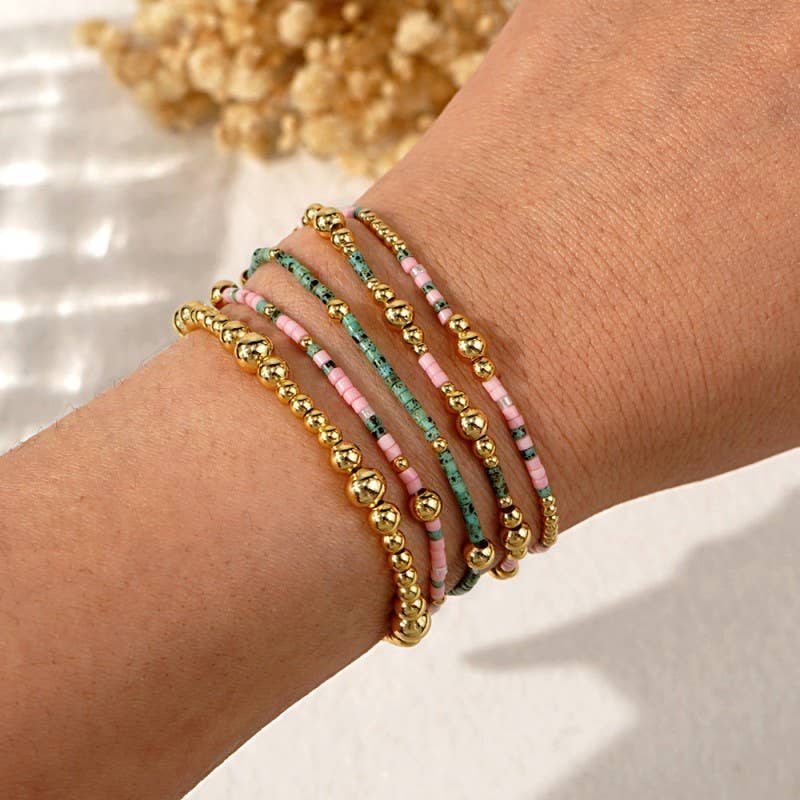 Pink & Green Beaded Bracelet Set
