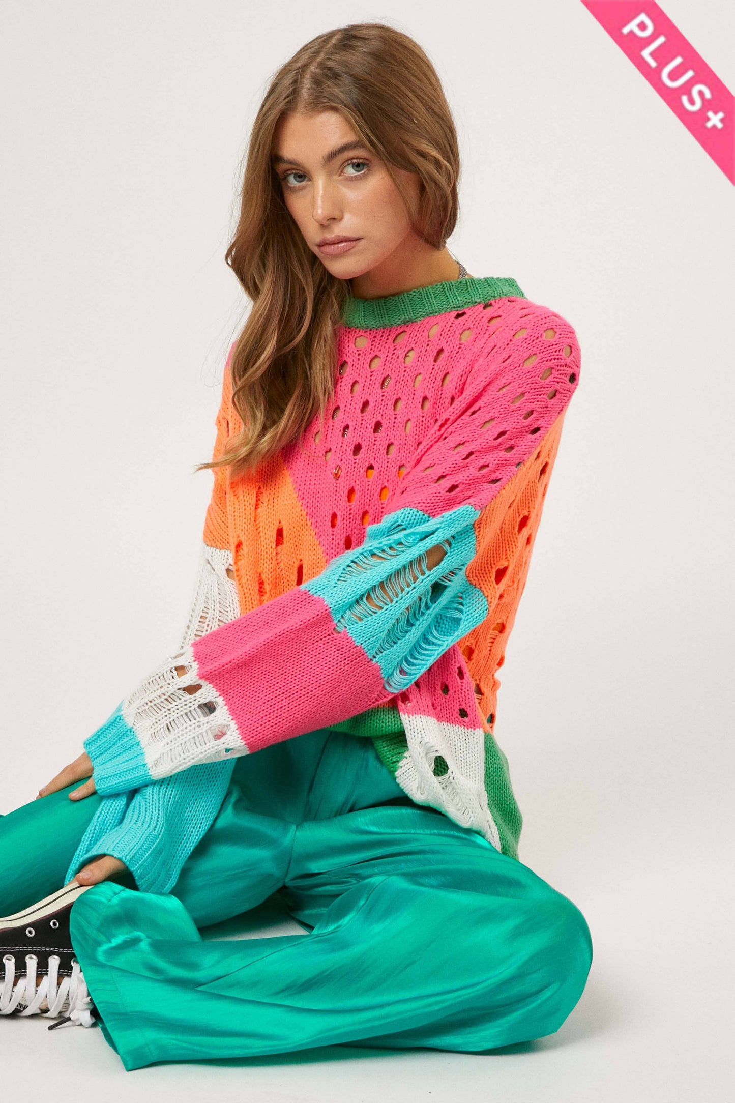 Color Block Open Knit Sweater