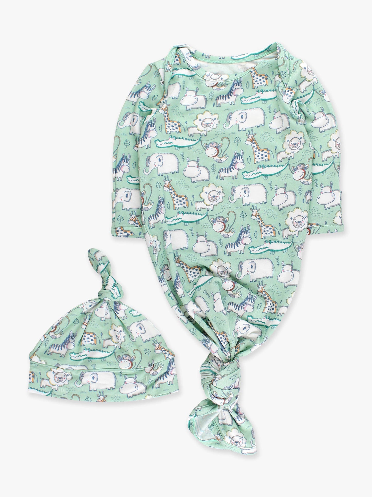 SoftSnooze™ Baby Bamboo Viscose Sage Safari Knotted Sleep Gown & Hat Set