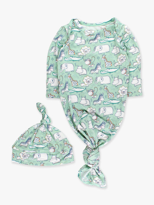 SoftSnooze™ Baby Bamboo Viscose Sage Safari Knotted Sleep Gown & Hat Set