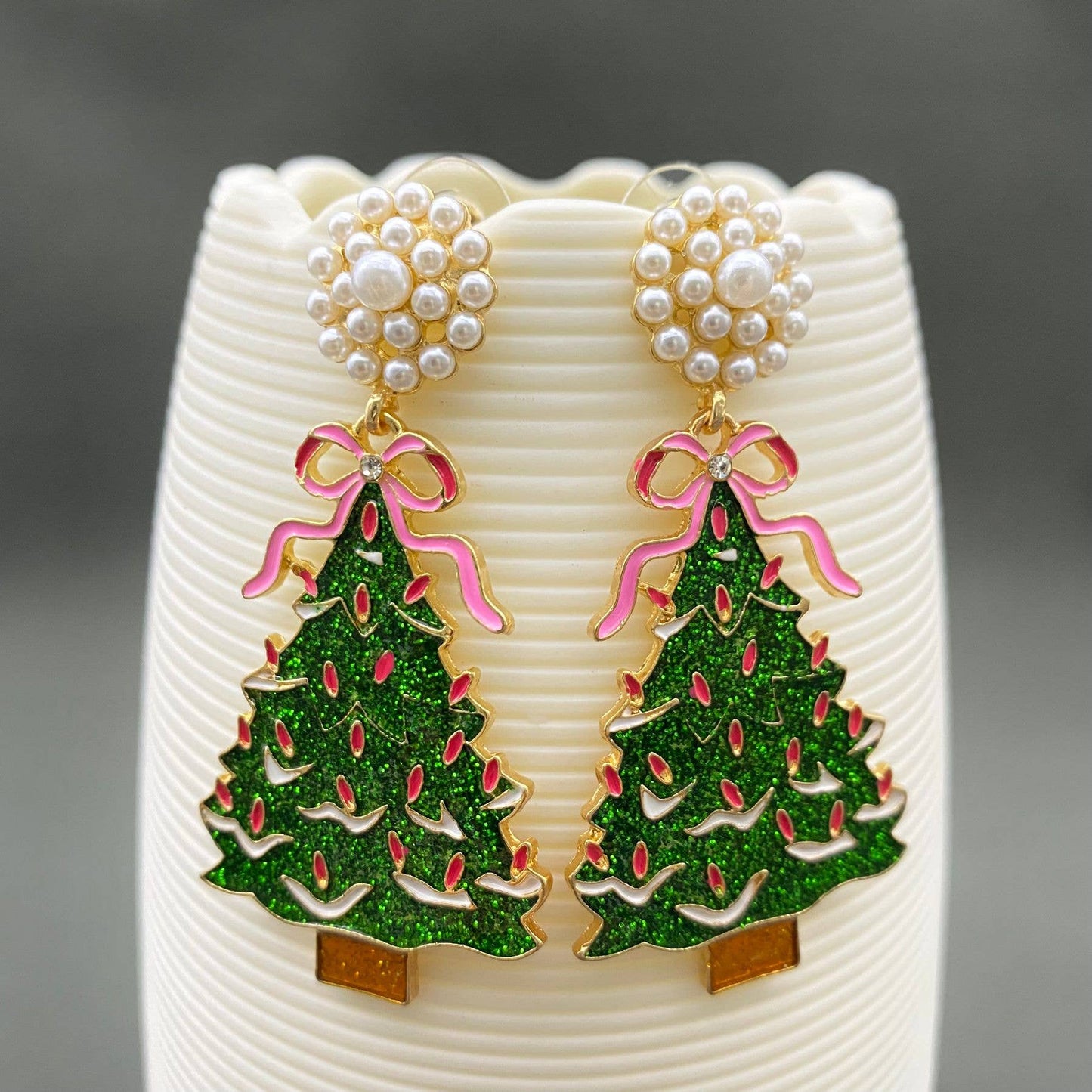 Pink Bow Christmas Tree Earrings