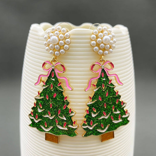 Pink Bow Christmas Tree Earrings
