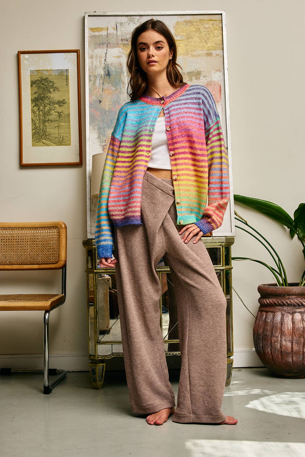 Space-Dye Striped Button-Down Cardigan