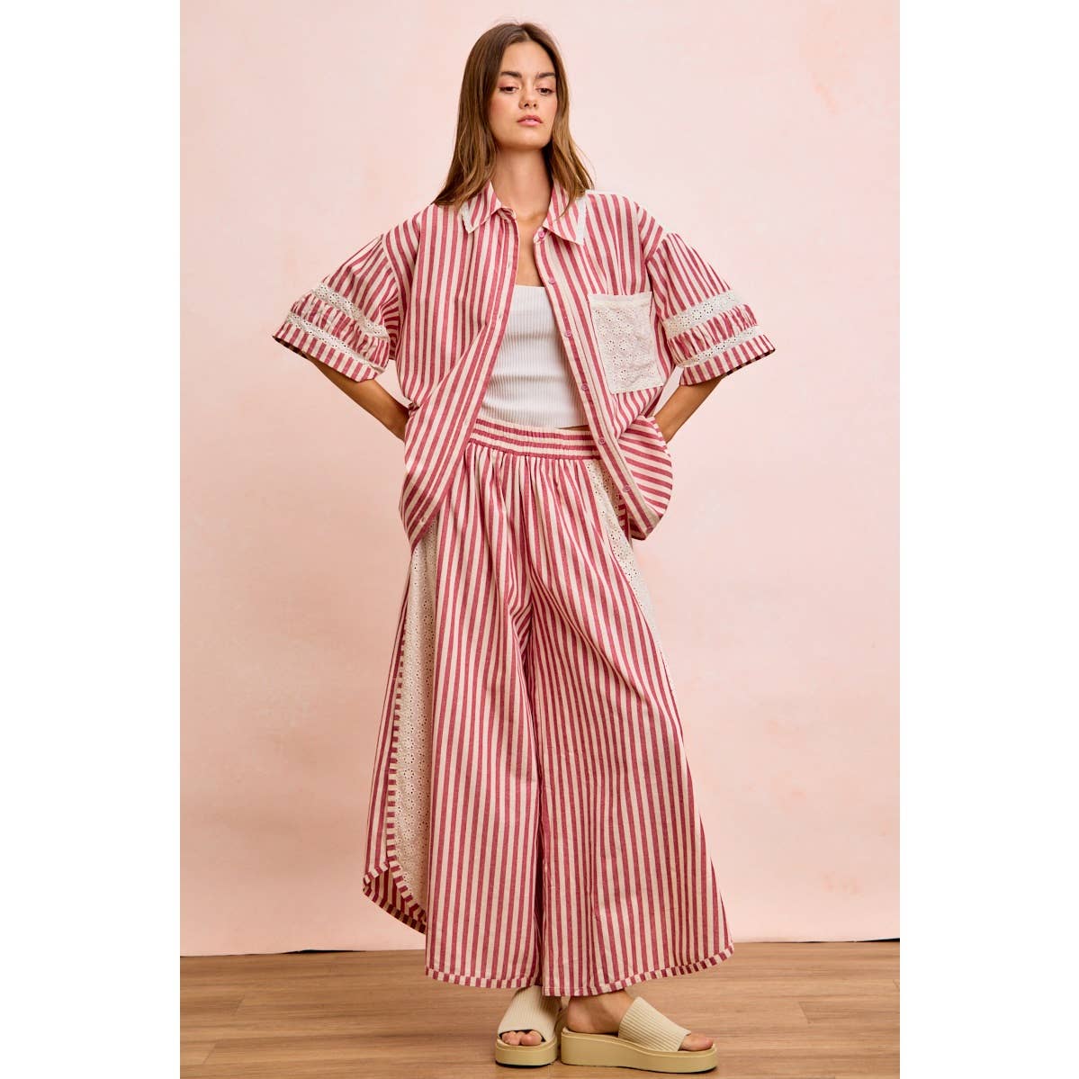 Floral Eyelet Wide Leg Pants