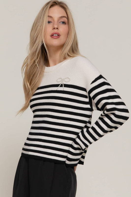 Pearl Bow Striped Sweater