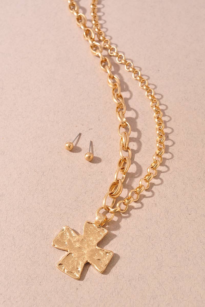 Cross Layered Toggle Long Necklace Earring Set