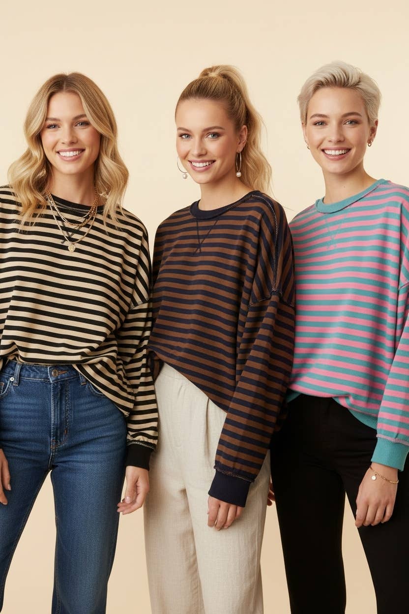 Striped Drop-Shoulder Pullover Sweatshirt