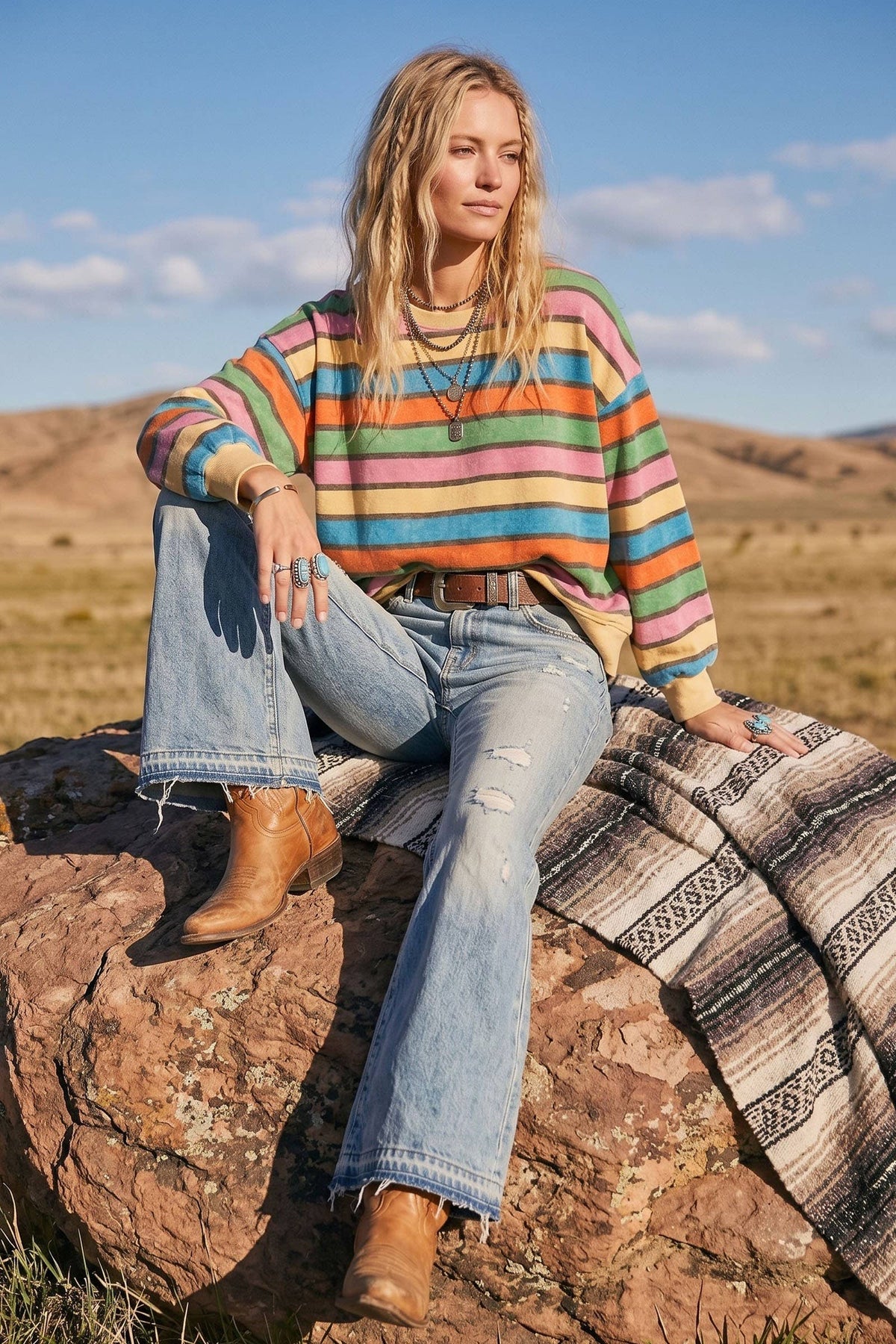 Oversized Mineral Washed Terry Stripe Pullover