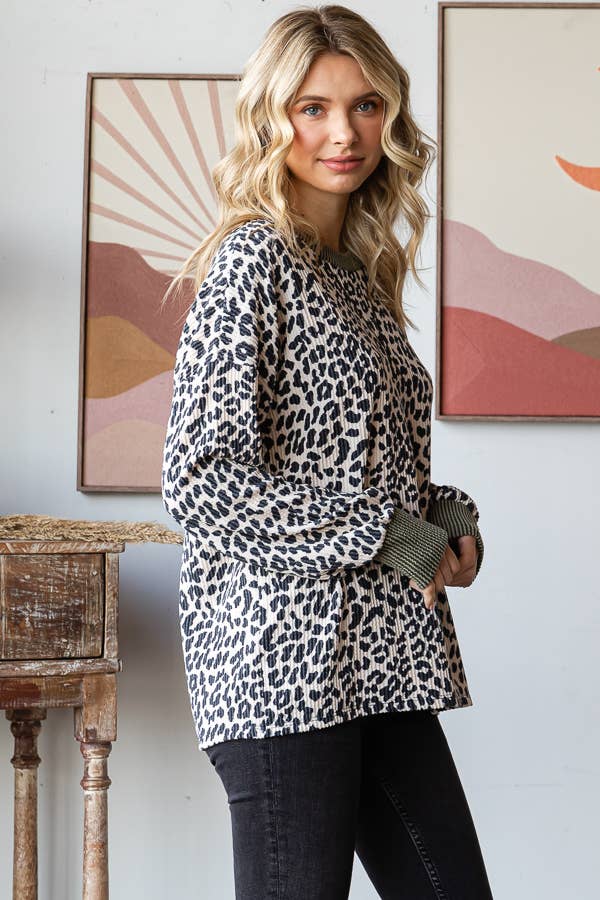 Ribbed Animal Print Long Sleeve Top