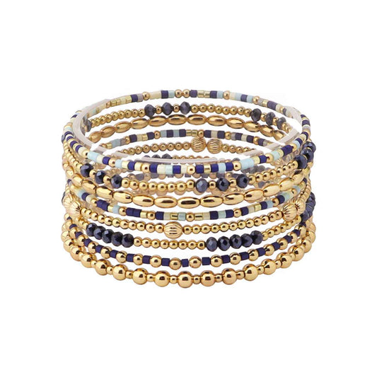 Set of 8 Navy Seed Bead & Crystal and Gold Stretch Bracelet