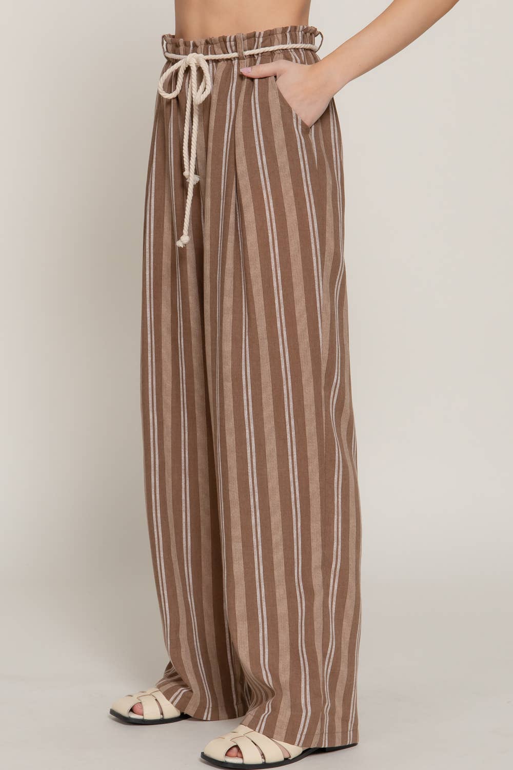 Robe Belt Stripe Print Linen Effect Pants