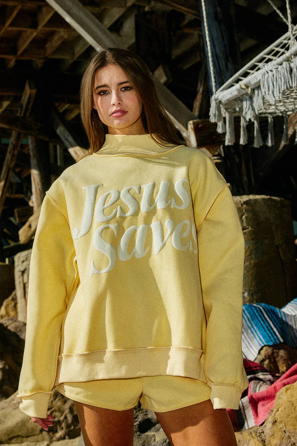 'JESUSSAVES' Print Mock Neck Sweatshirt