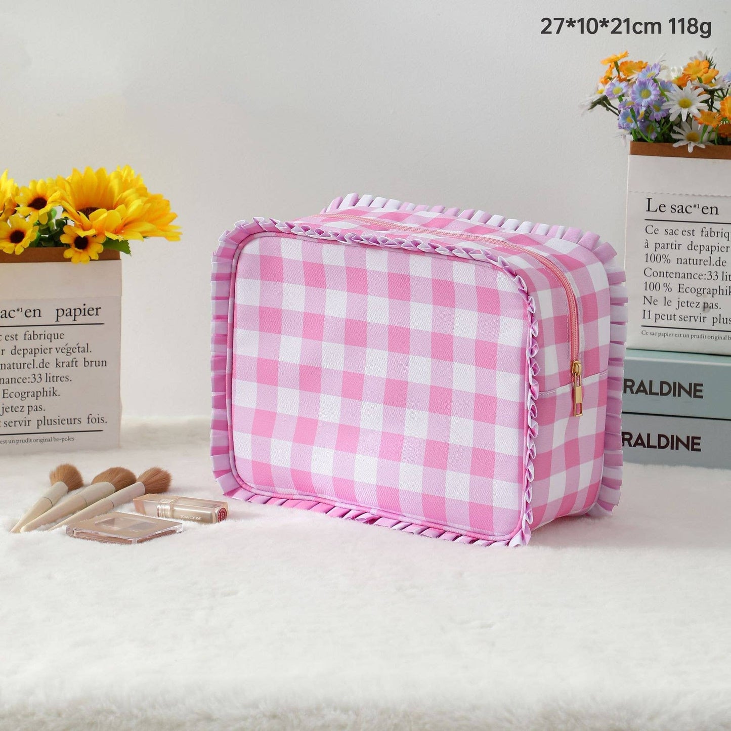 Gingham Ruffle Cosmetic Bag
