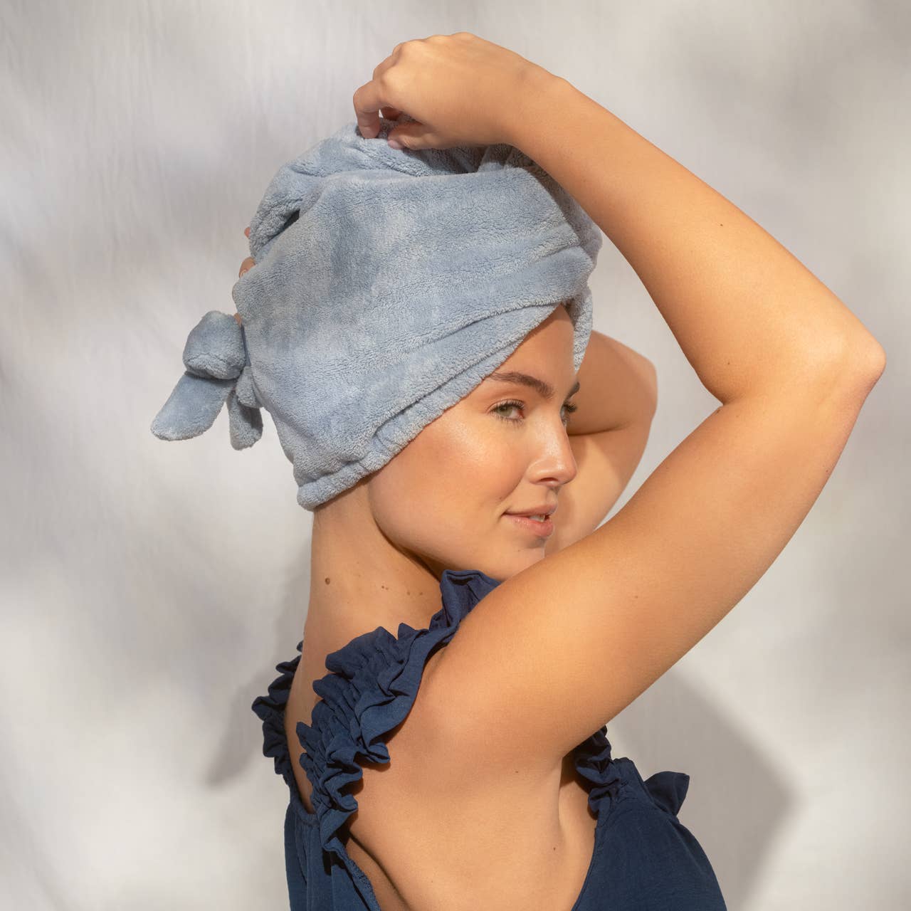Plush Microfiber Hair Towel Turban with Bow - Coastal Blue