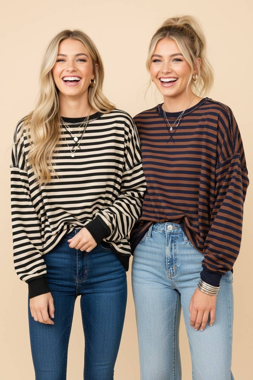 Striped Drop-Shoulder Pullover Sweatshirt