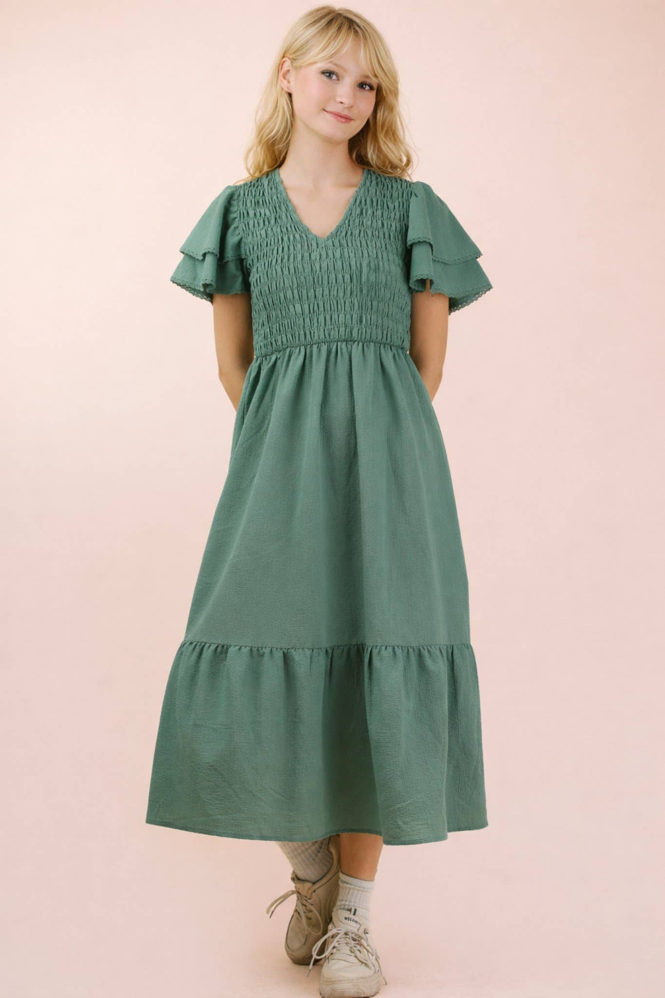 Smocked Ruffle Sleeve Midi Dress