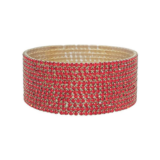 Red Crystal and Gold Set of 12 Thin Stretch Bracelets