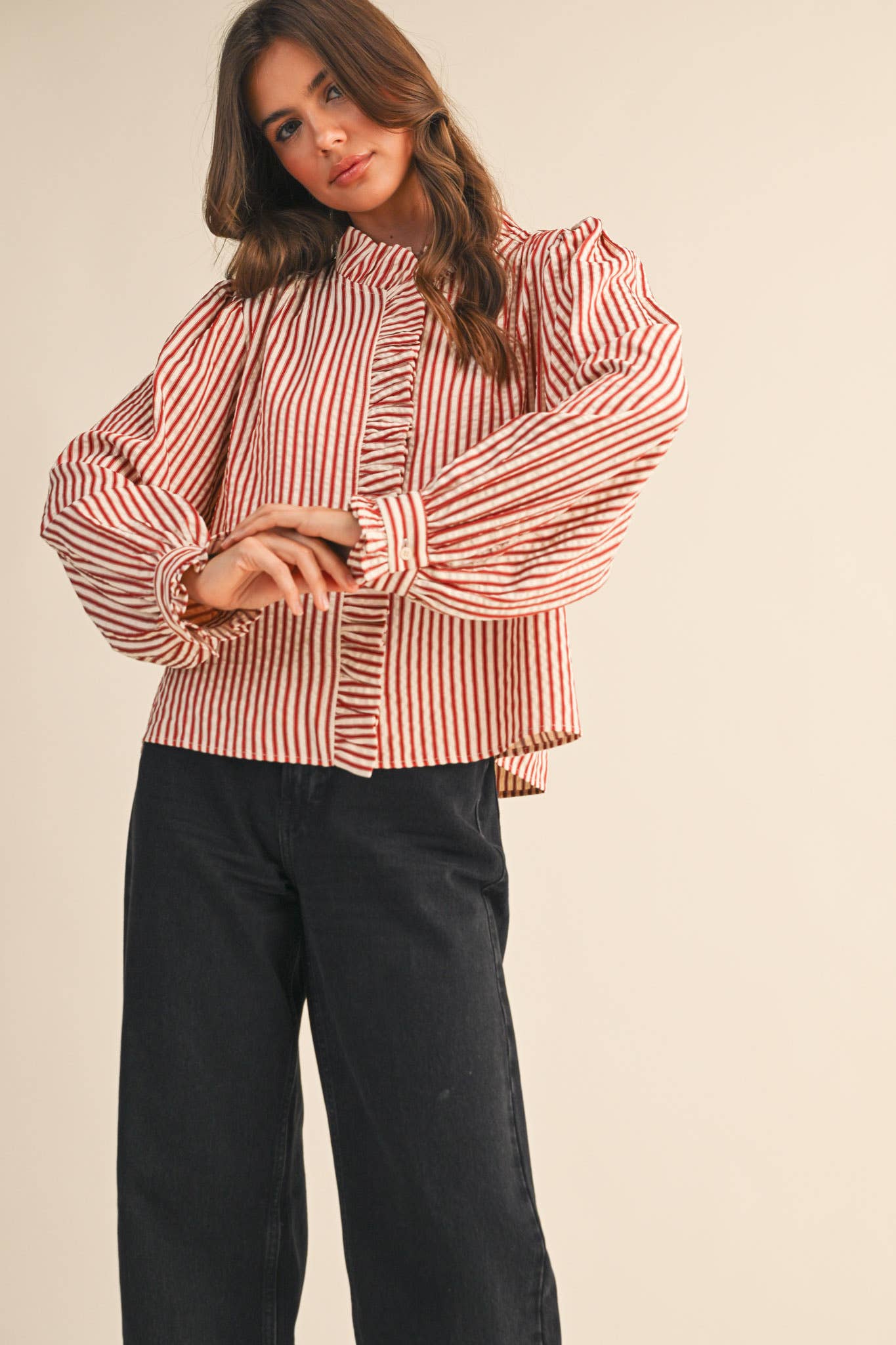 Ruffle Striped Long Sleeve Top