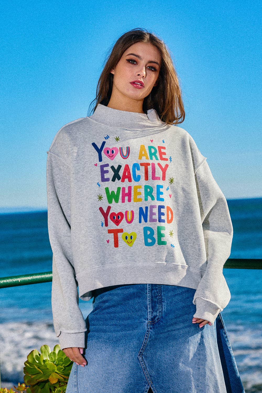 You Are Exactly Where You Need To Be/Life Is Good Reversible Graphic Mock-Neck Crop Sweatshirt
