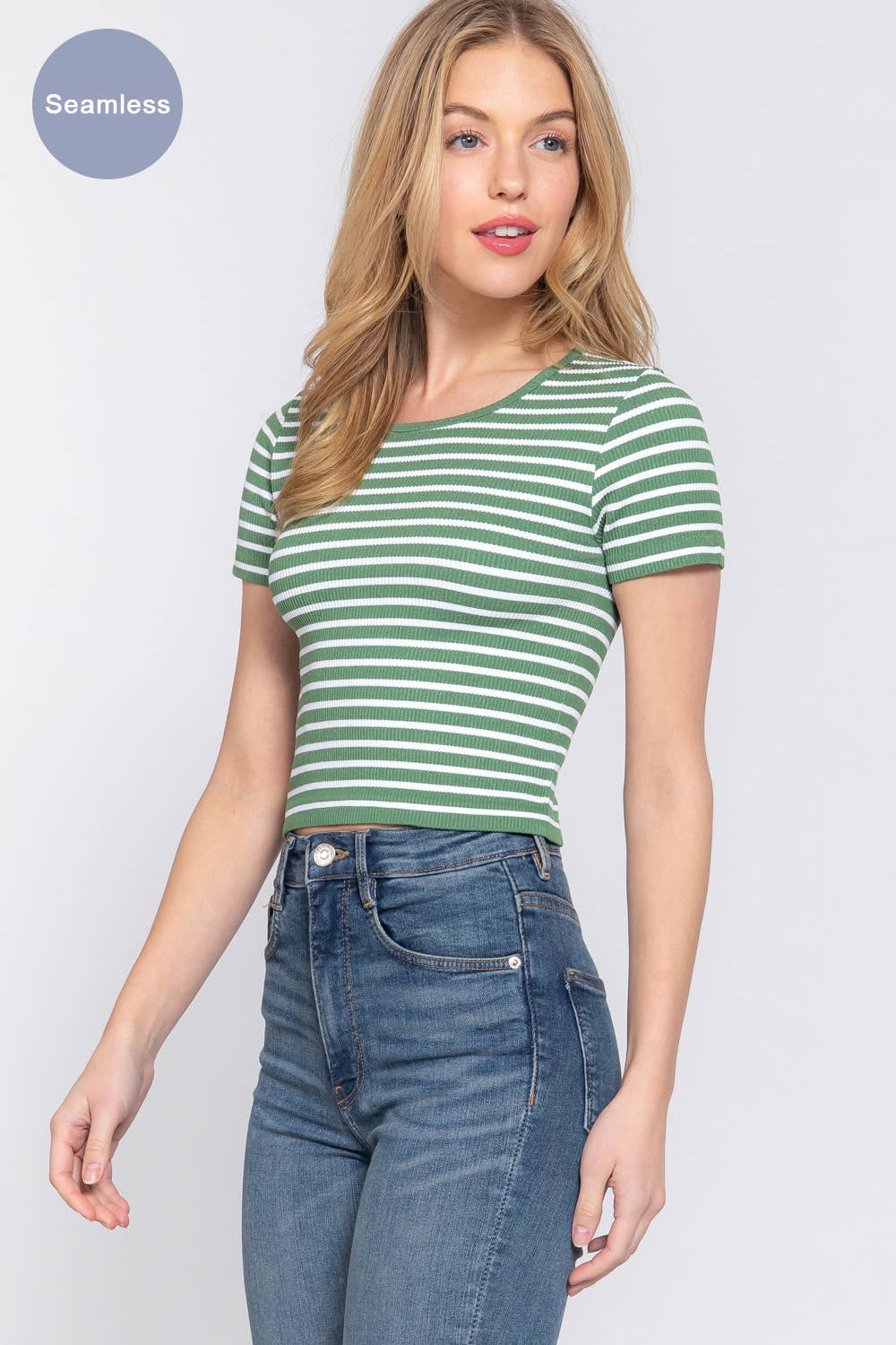 Short Sleeve Crew Neck Stripe Rib Knit Top