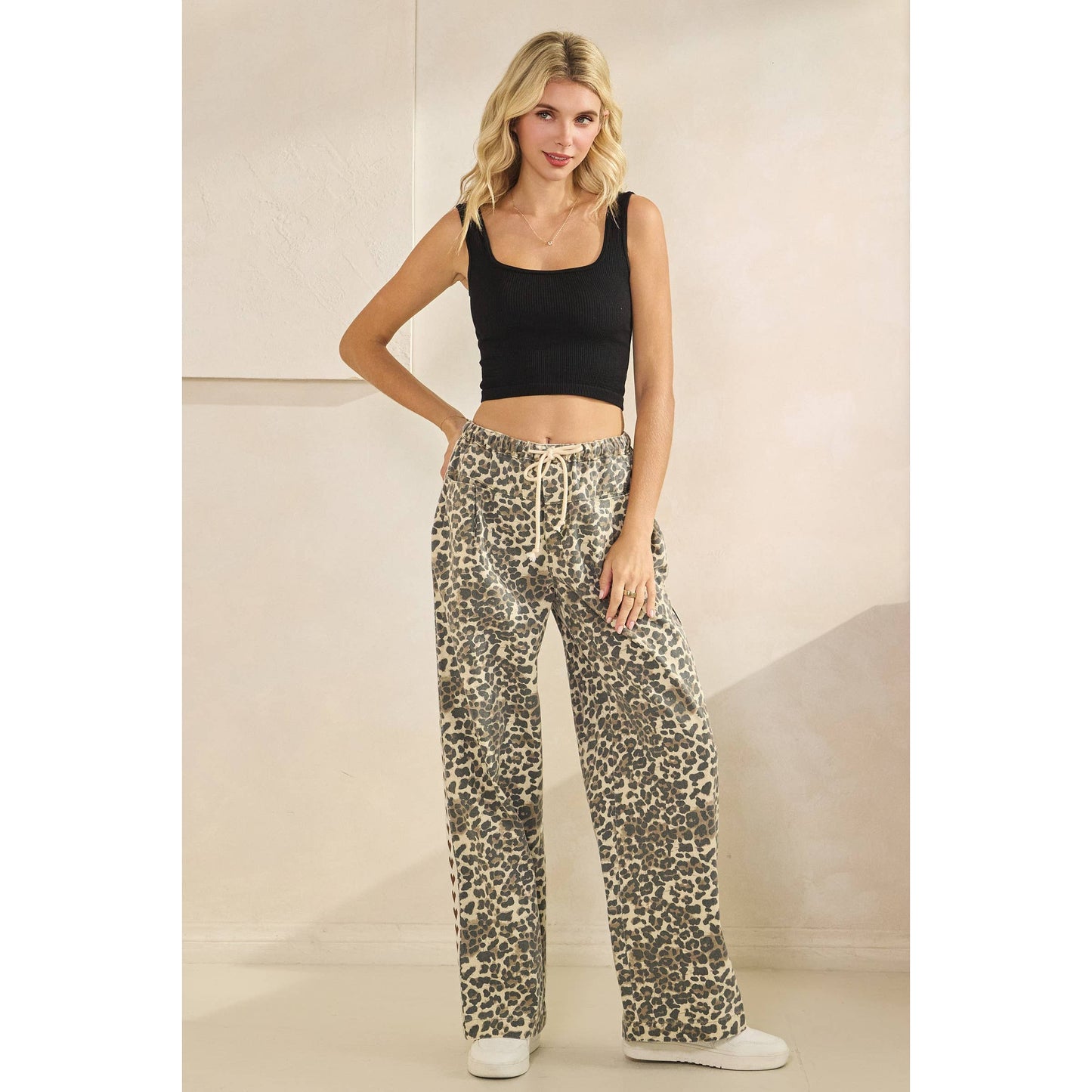 Leopard Printed Striped Wide Legged Pants