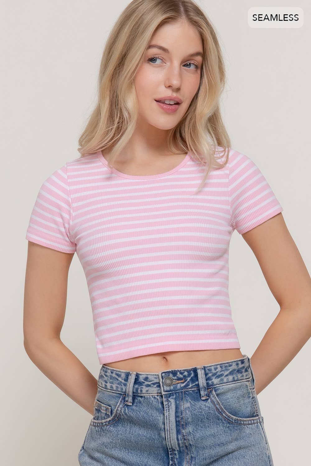 Short Sleeve Crew Neck Stripe Rib Knit Top