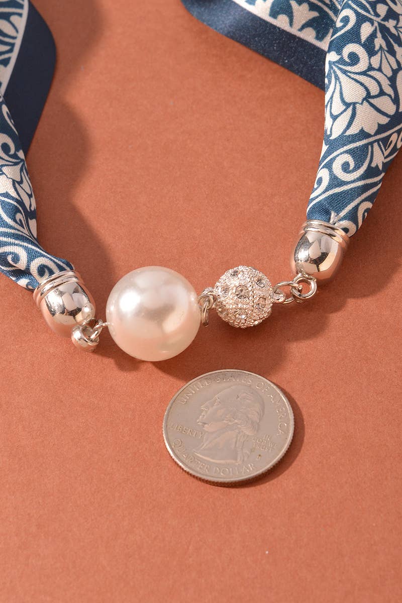 Paisley Print Scarf Necklace with Pearl Accent