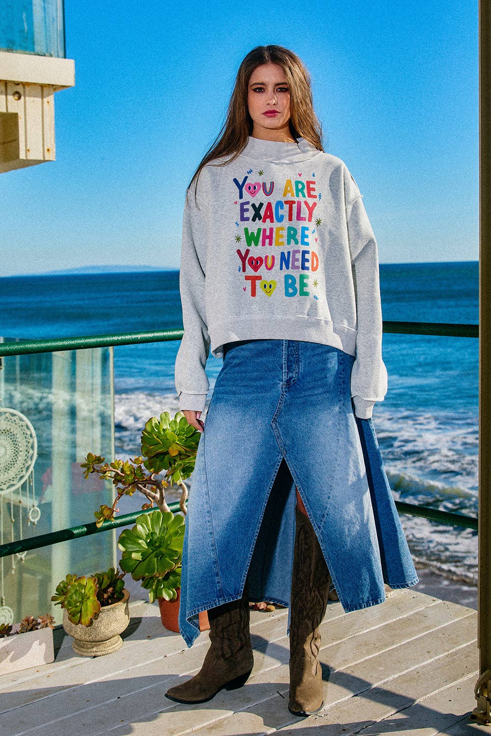 You Are Exactly Where You Need To Be/Life Is Good Reversible Graphic Mock-Neck Crop Sweatshirt