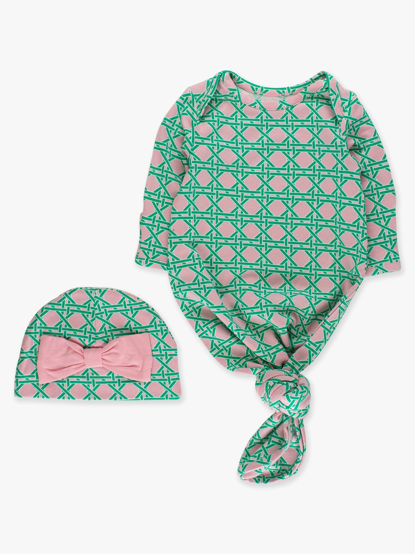 SoftSnooze™ Baby Girls Cotton Modal Pink Coastal Cane Ruffle Knotted Sleep Gown & Bow Hat Set
