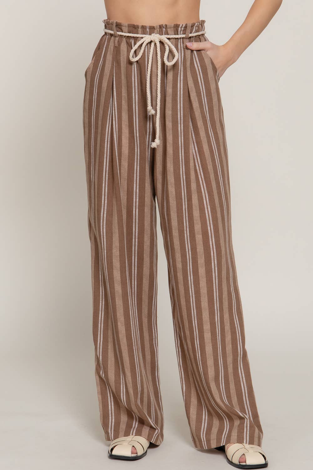 Robe Belt Stripe Print Linen Effect Pants