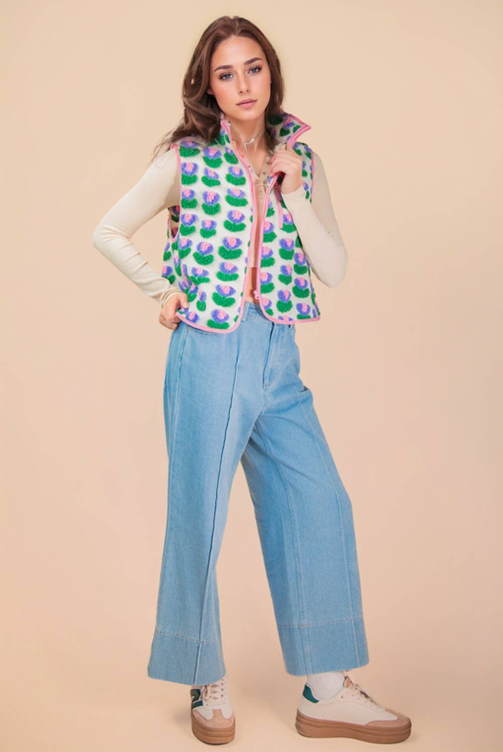 Textured Bow & Floral Printed Vest