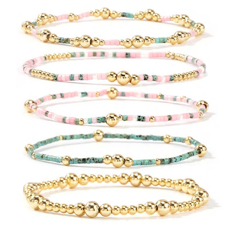 Pink & Green Beaded Bracelet Set