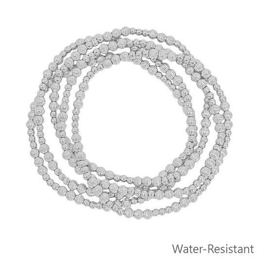 Water Resistant Set of 5 Silver 4MM and 3MM Beaded Stretch Bracelets