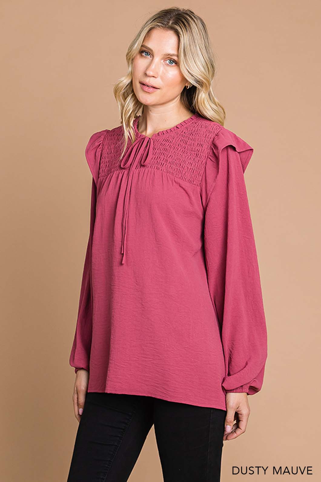 Smocking Detailed Ruffle Shoulder Top