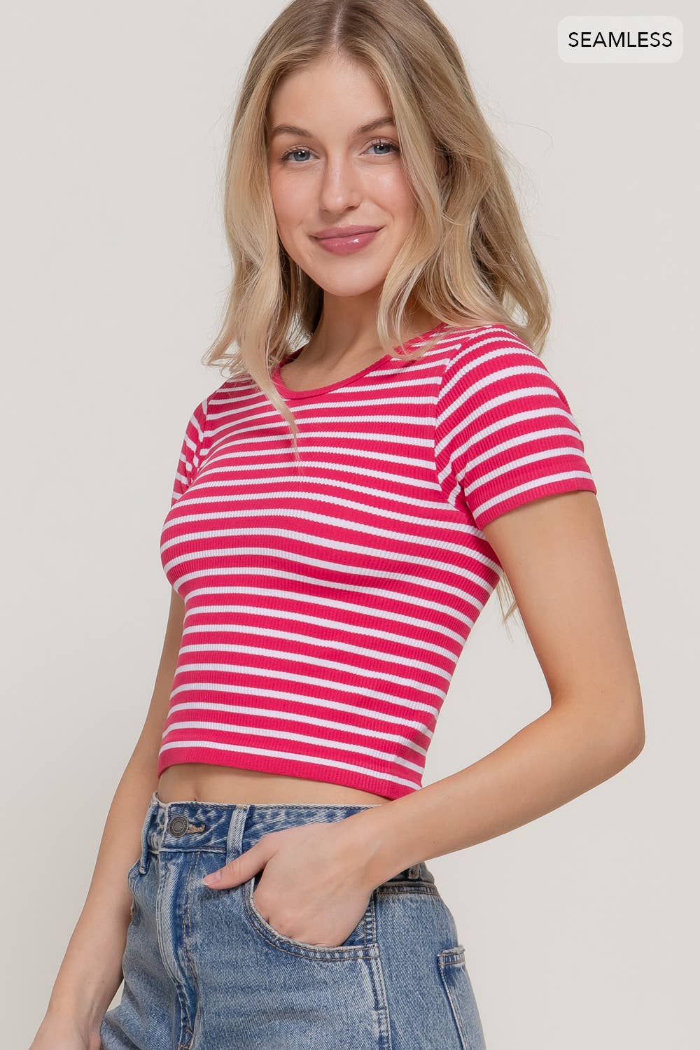 Short Sleeve Crew Neck Stripe Rib Knit Top