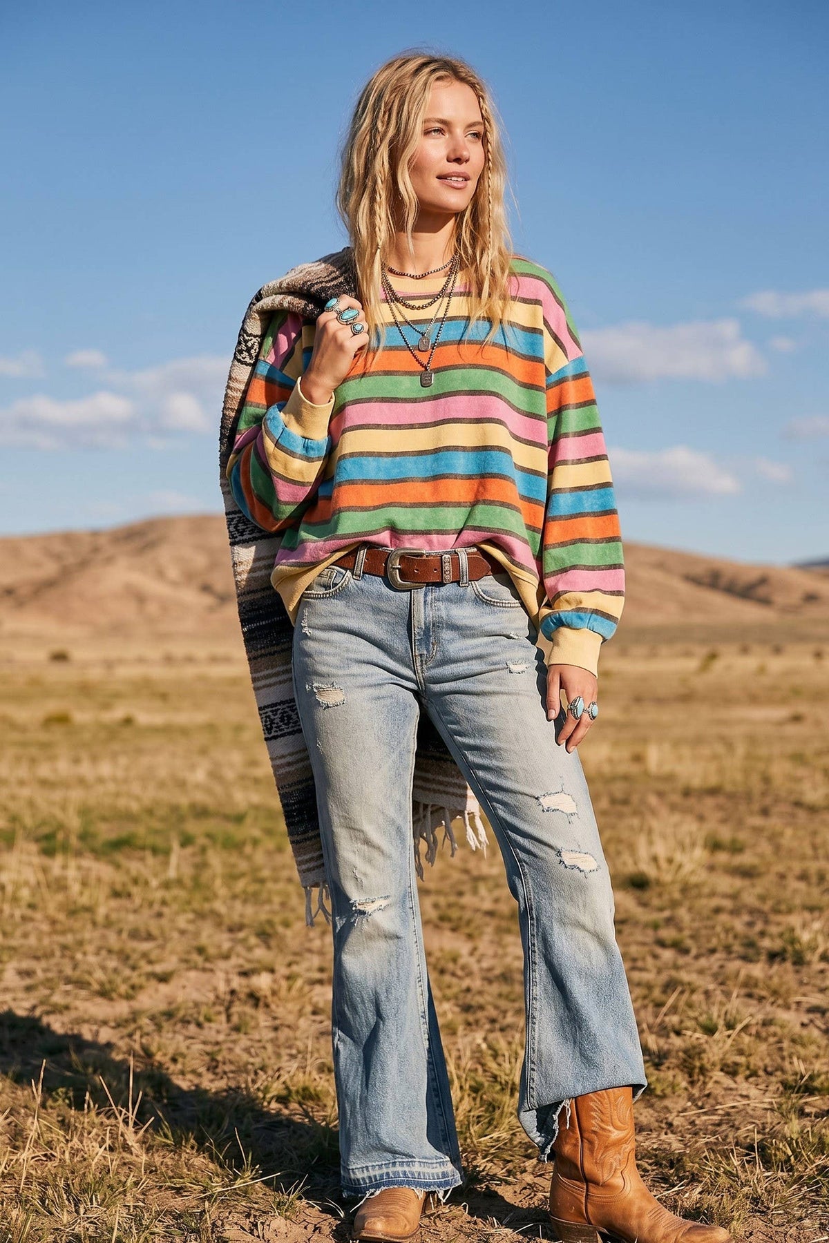 Oversized Mineral Washed Terry Stripe Pullover