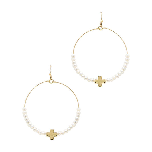 Gold Open Hoop with Squared Cross and Pearl Beads 1.75" Earring