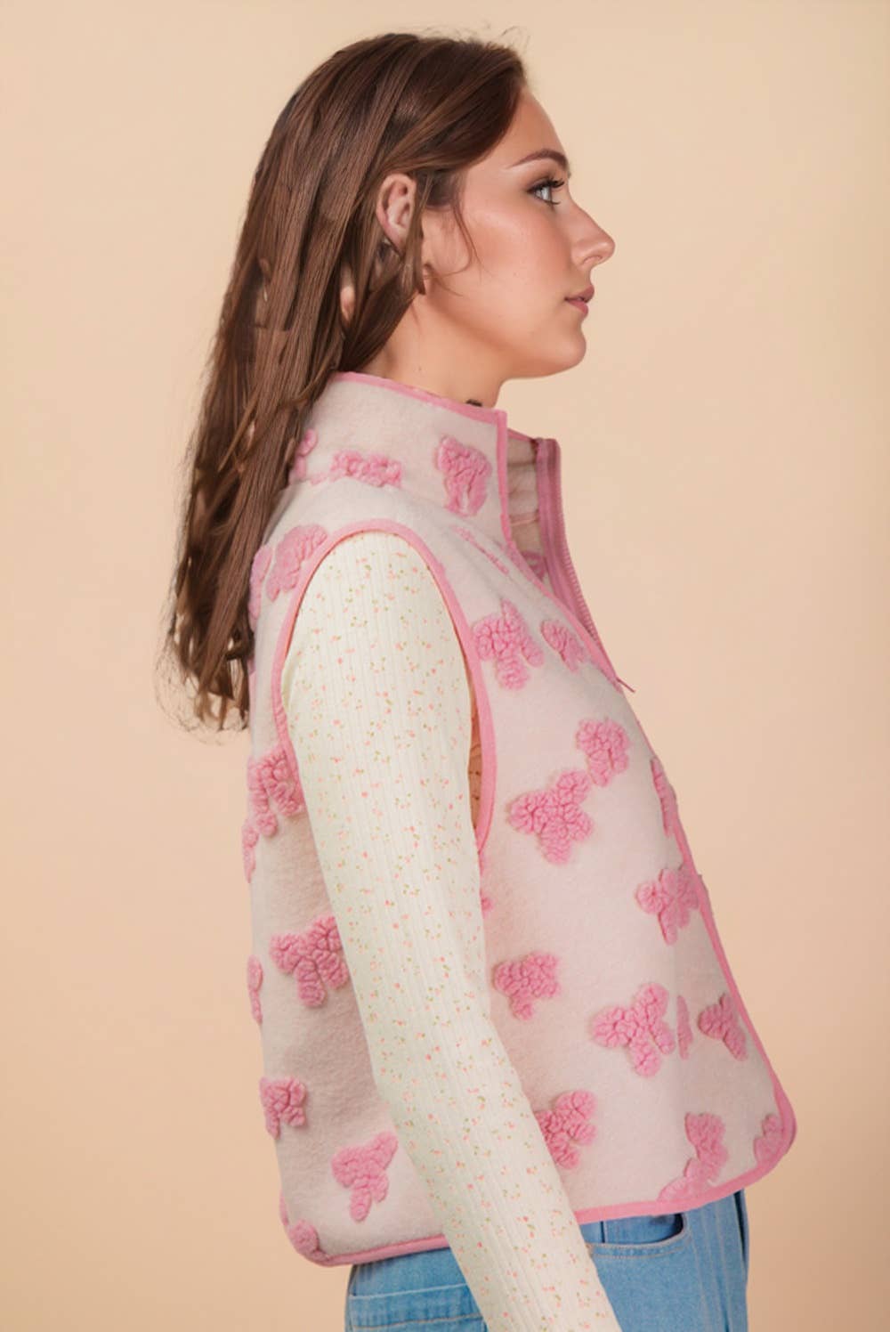 Textured Bow & Floral Printed Vest