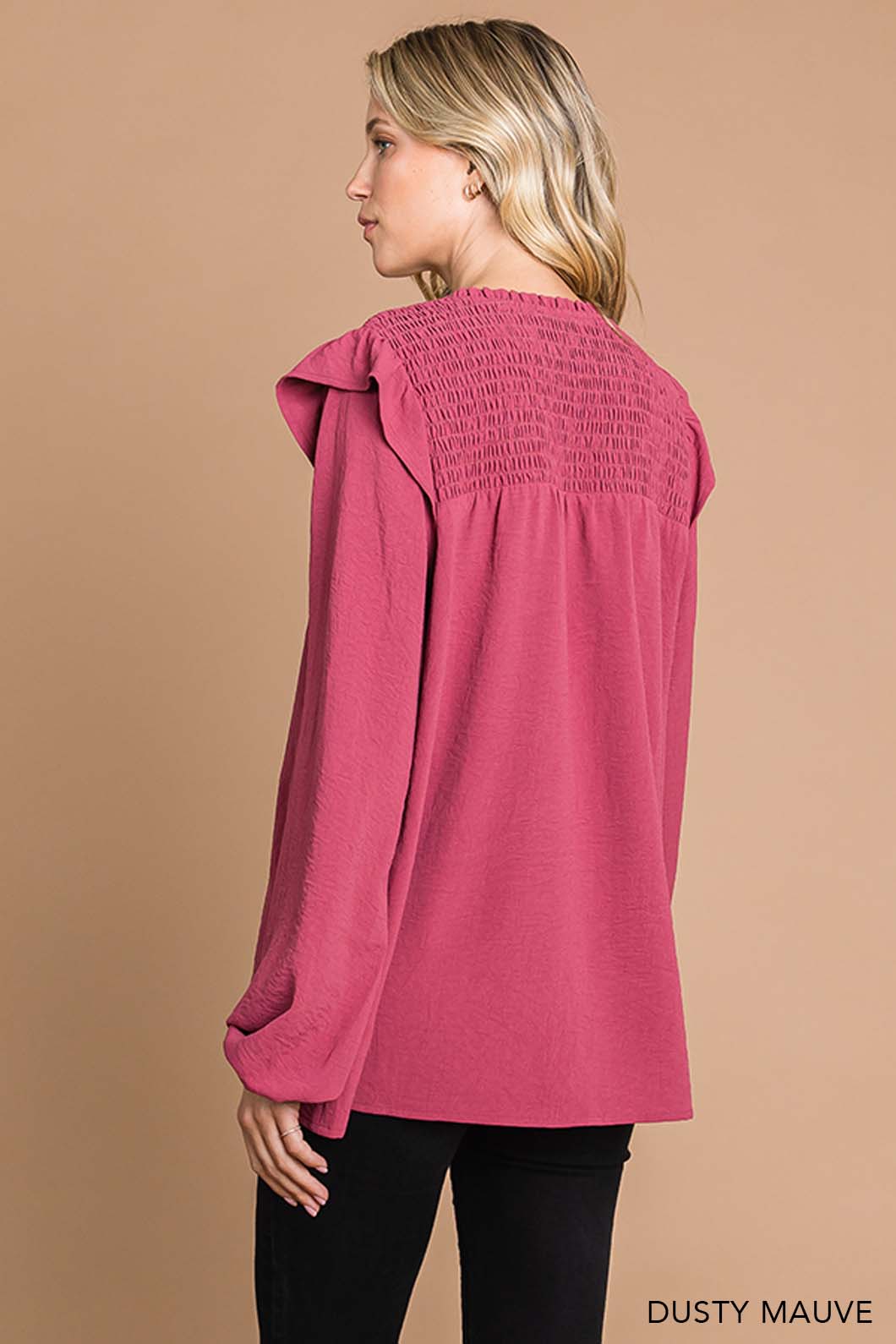 Smocking Detailed Ruffle Shoulder Top