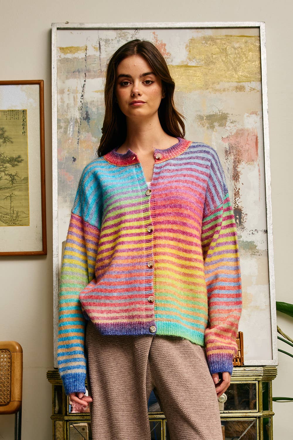 Space-Dye Striped Button-Down Cardigan