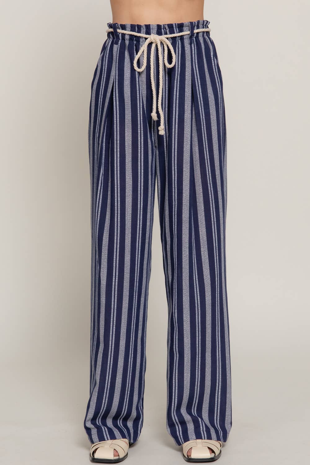 Robe Belt Stripe Print Linen Effect Pants