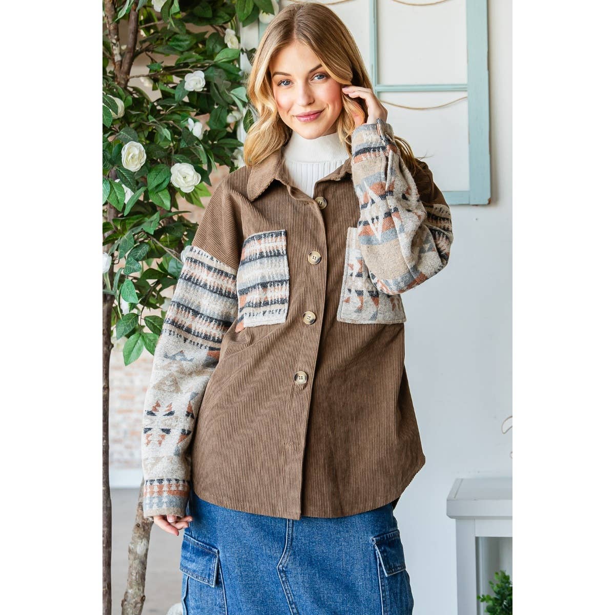 Contrast Pattern Corduroy Shacket