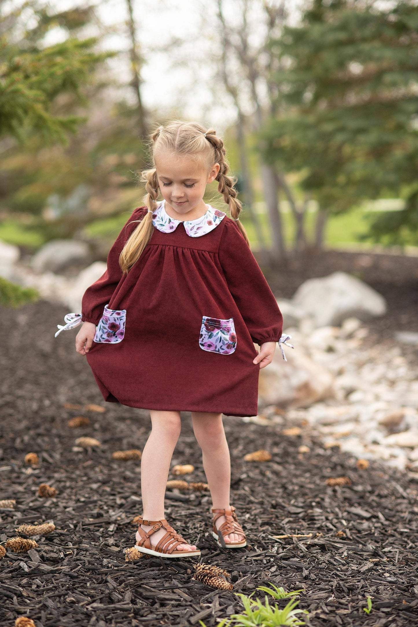 Kids Wine Burgundy Corduroy Pocket Bow Fall Winter Dress