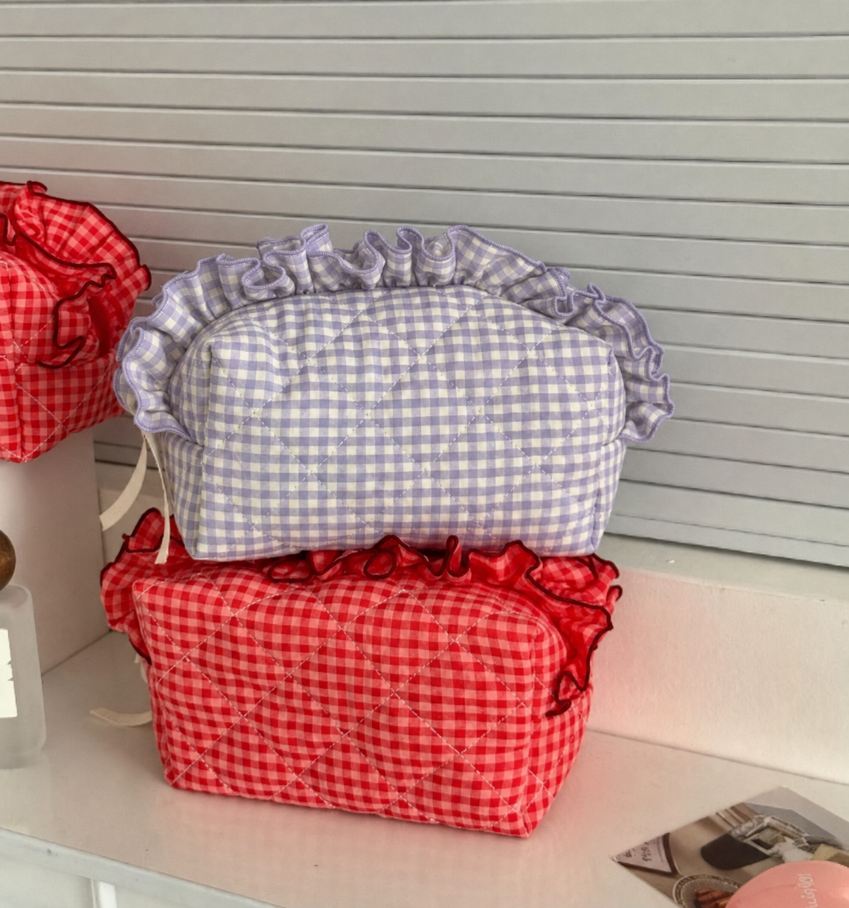 Gingham Ruffled Quilted Cosmetic Bag Pouch