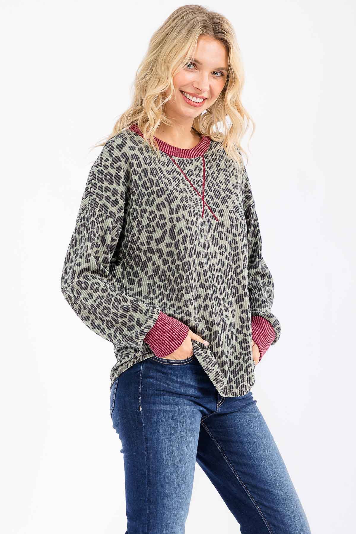 Ribbed Animal Print Long Sleeve Top