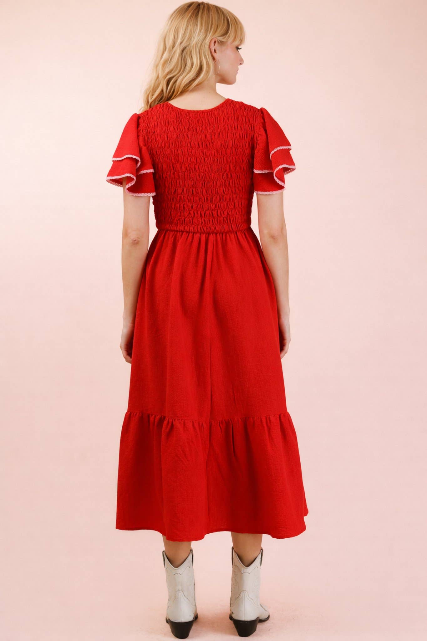 Smocked Ruffle Sleeve Midi Dress