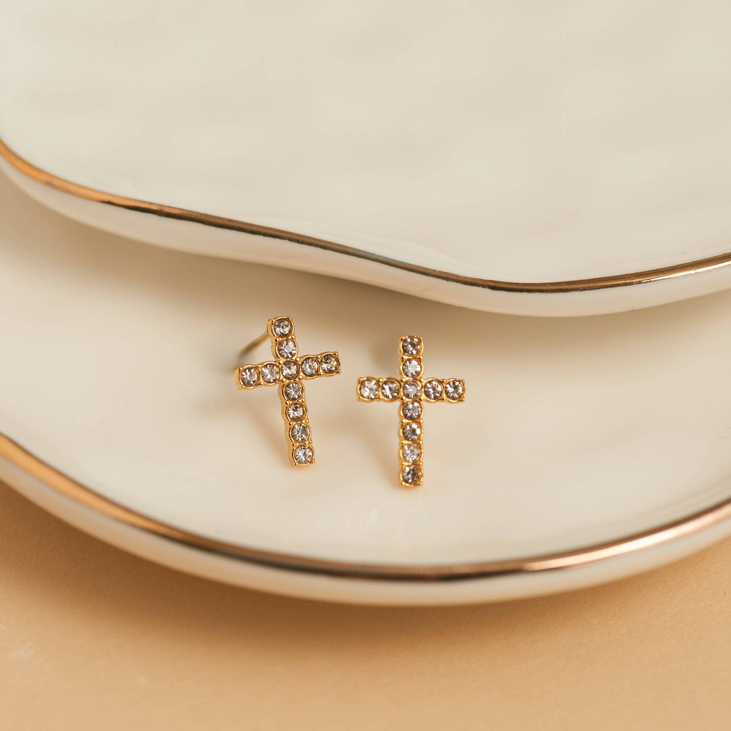Waterproof Earrings Pave Cross Stud Gold & Steel Narelle