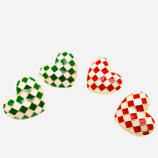Checkerboard Heart Stud Earrings