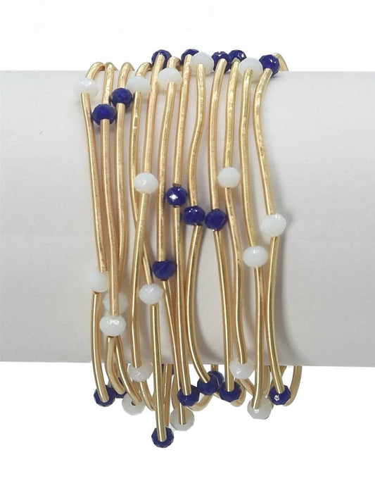 Set of 12 Gold Wired Stretch Bracelets with Blue and White Gameday Crystal Accents, Best Seller!